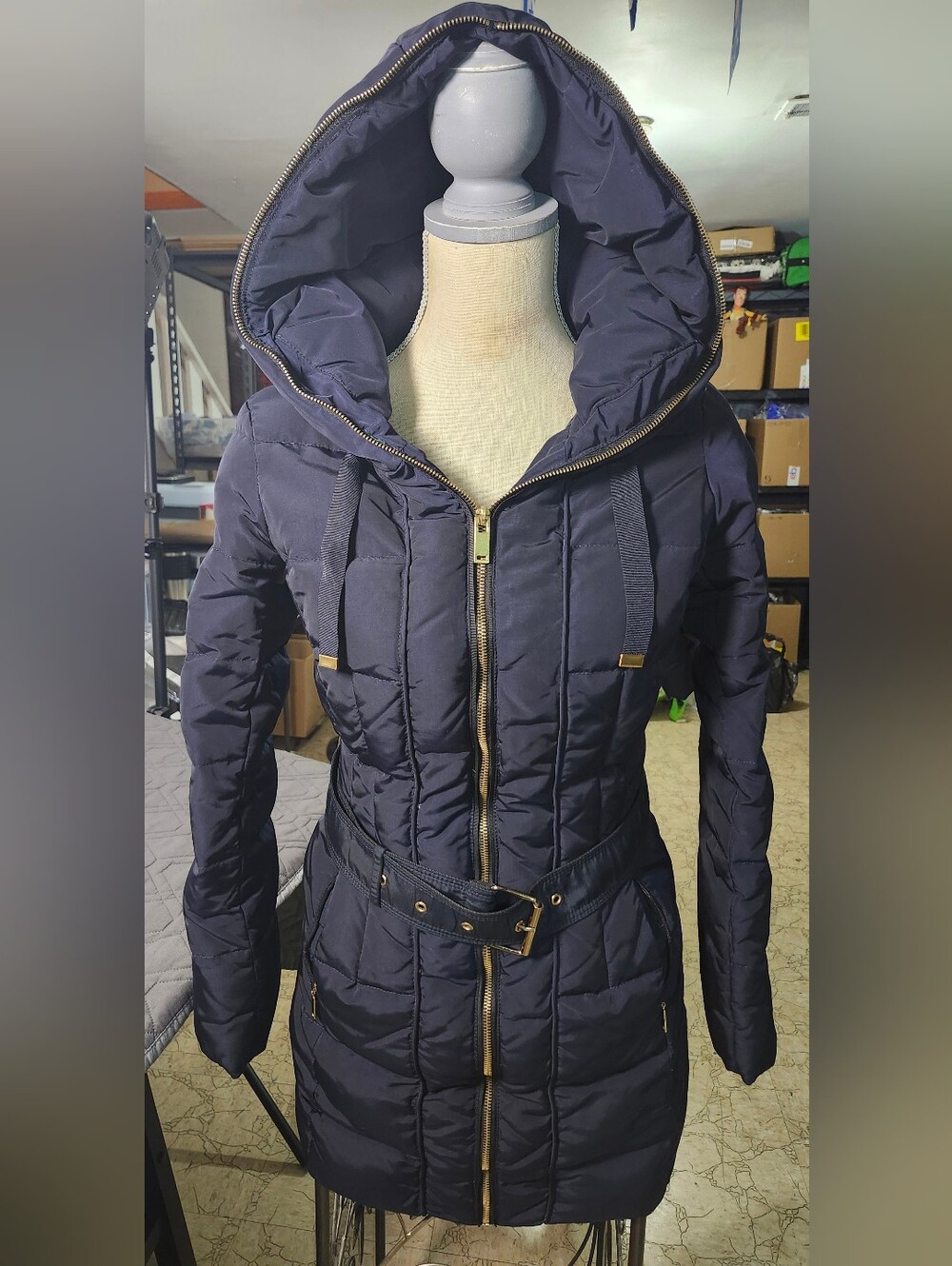 Zara Basic navy blue belted quilted puffer coat some imperfections,XS